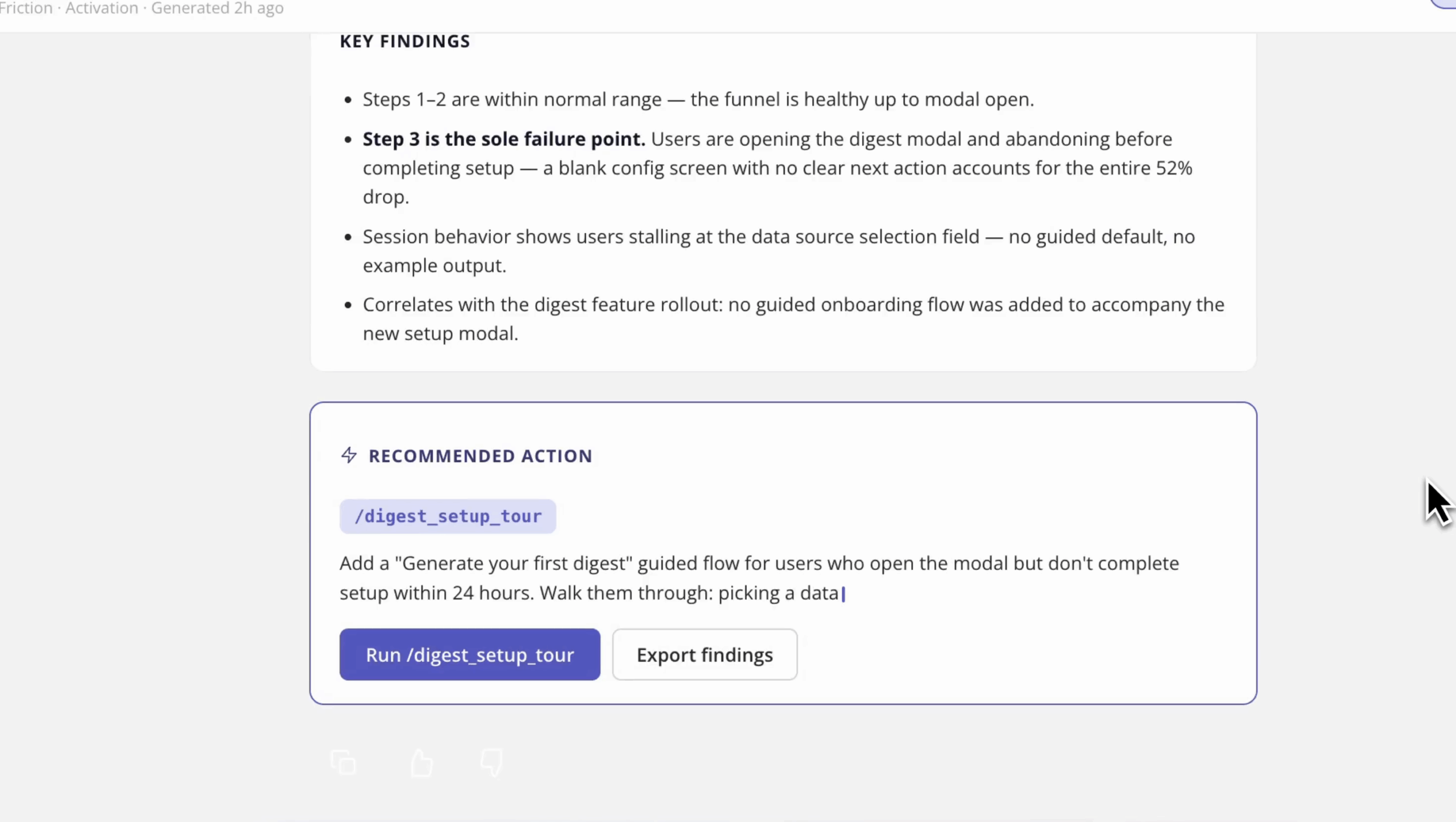 Userpilot AI agent Lia surfacing key findings and a recommended in-app action for a friction point instead of a plain risk score.