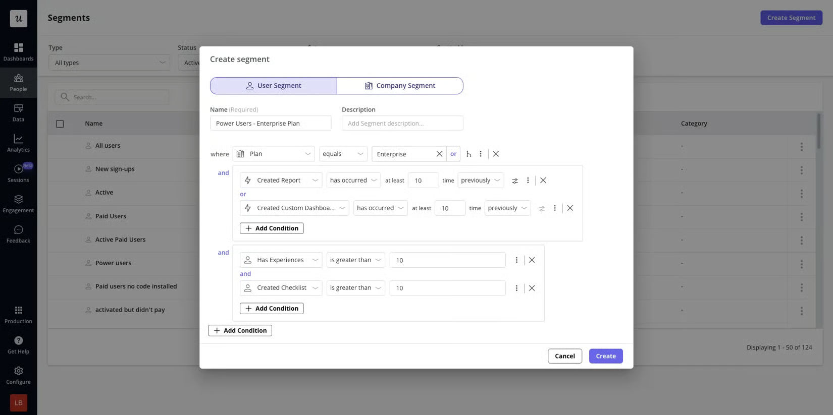 Create segment in Userpilot showing the conditions used to build a user segment, including plan, event, and experience-count filters.