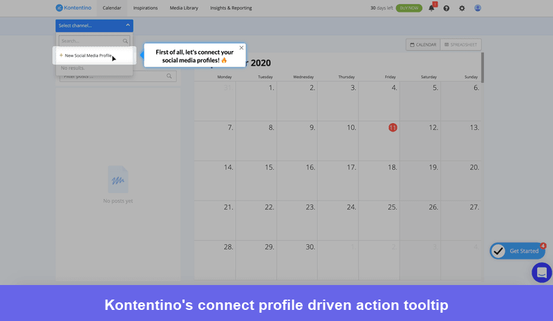 Kontentino requires users to connect a social media profile before the walkthrough advances
