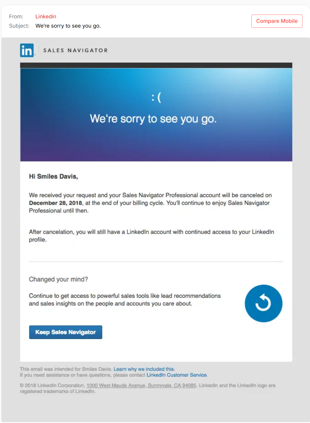 LinkedIn cancellation email.