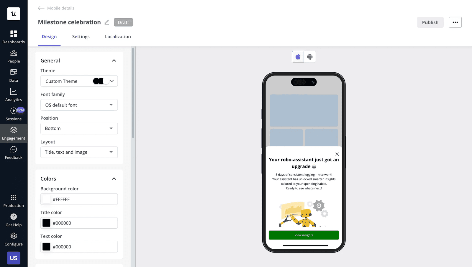 A Userpilot mobile slideout marking a specific, earned milestone instead of a generic congratulations.