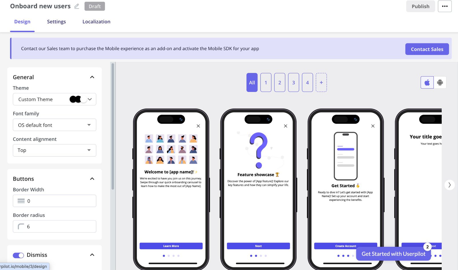 Userpilot's Mobile Carousels let you build a goal-based onboarding flow without writing code.