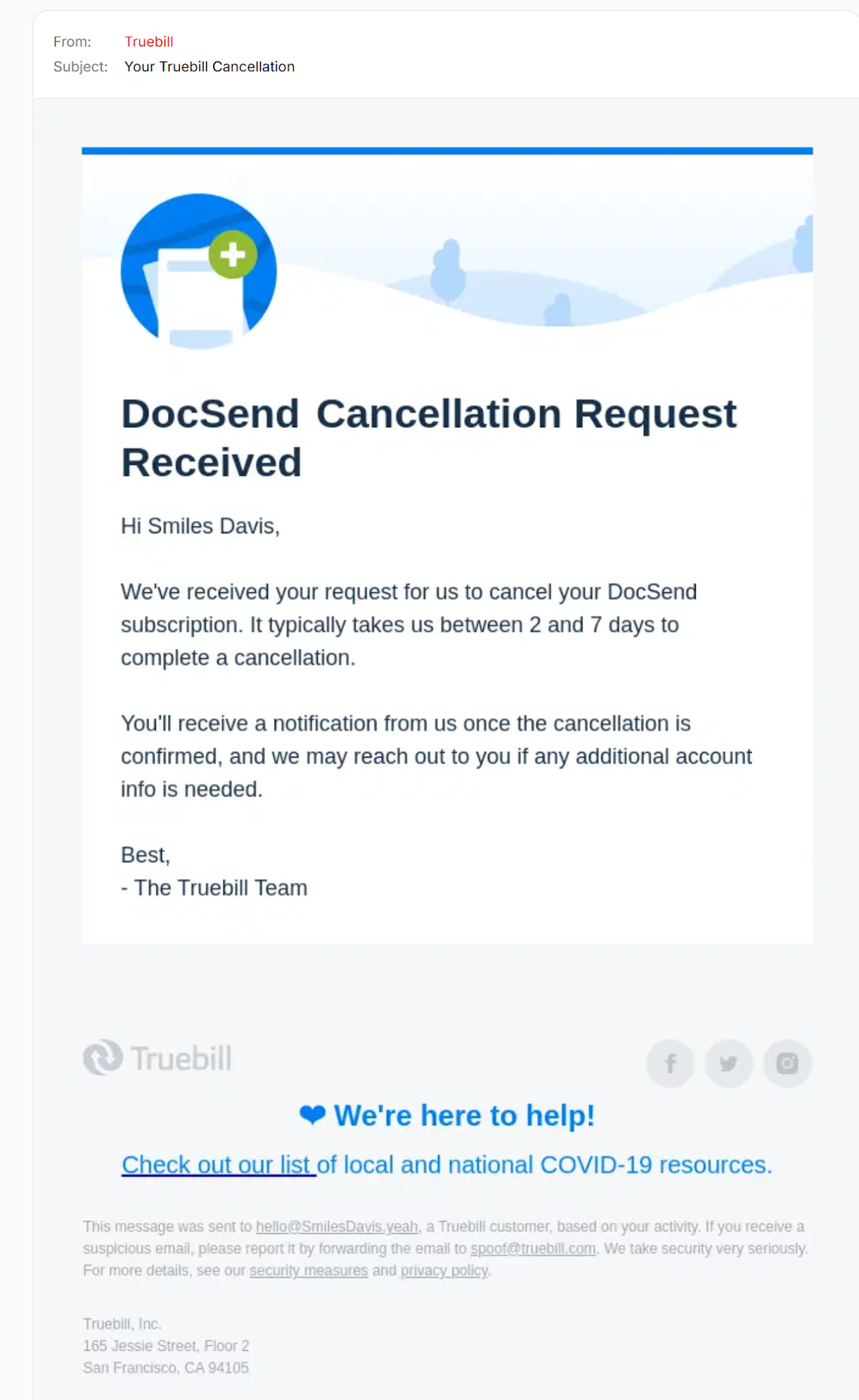 Truebill cancellation email.