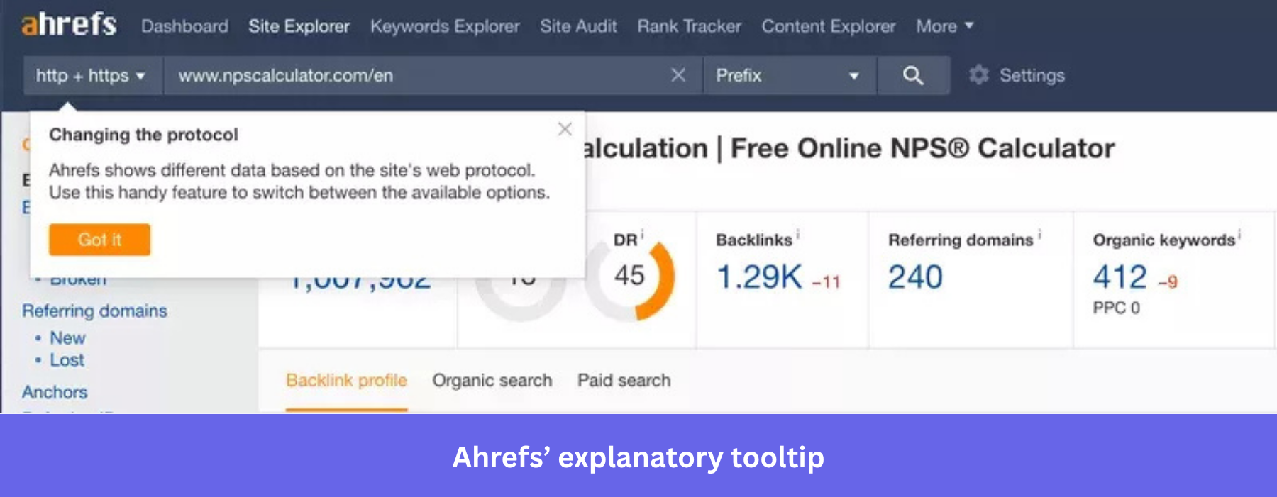 Screenshot showing Ahrefs' explanatory tooltip