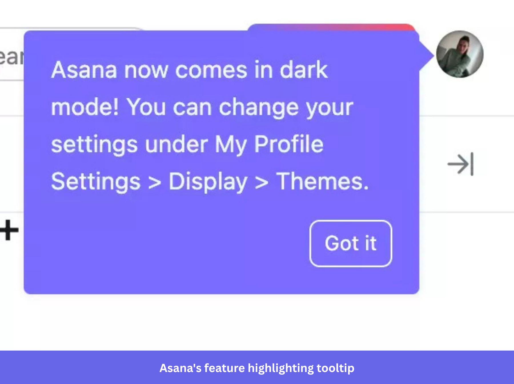 Screenshot showing Asana's feature highlighting tooltip