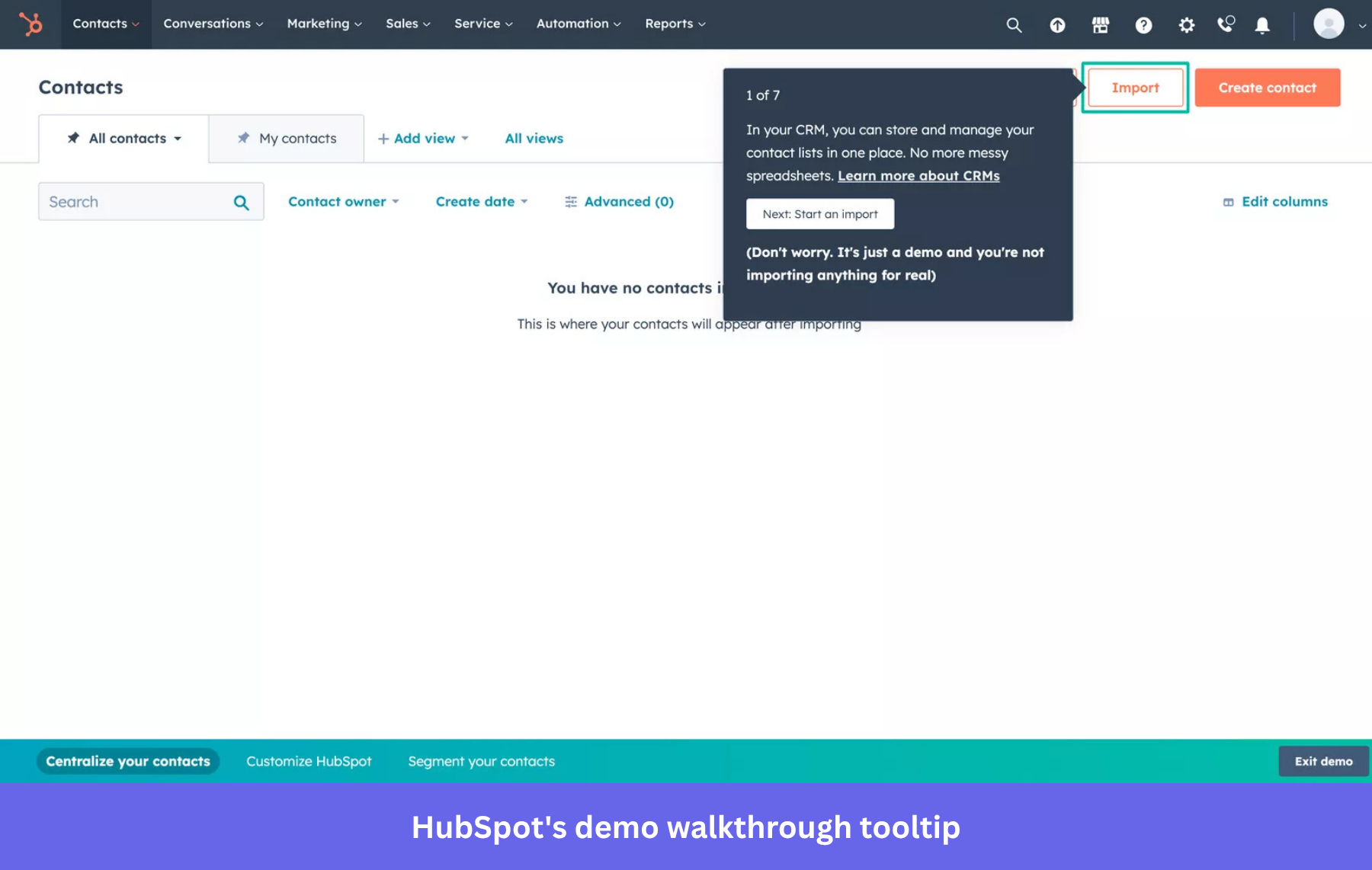 Screenshot showing HubSpot's demo walkthrough tooltip