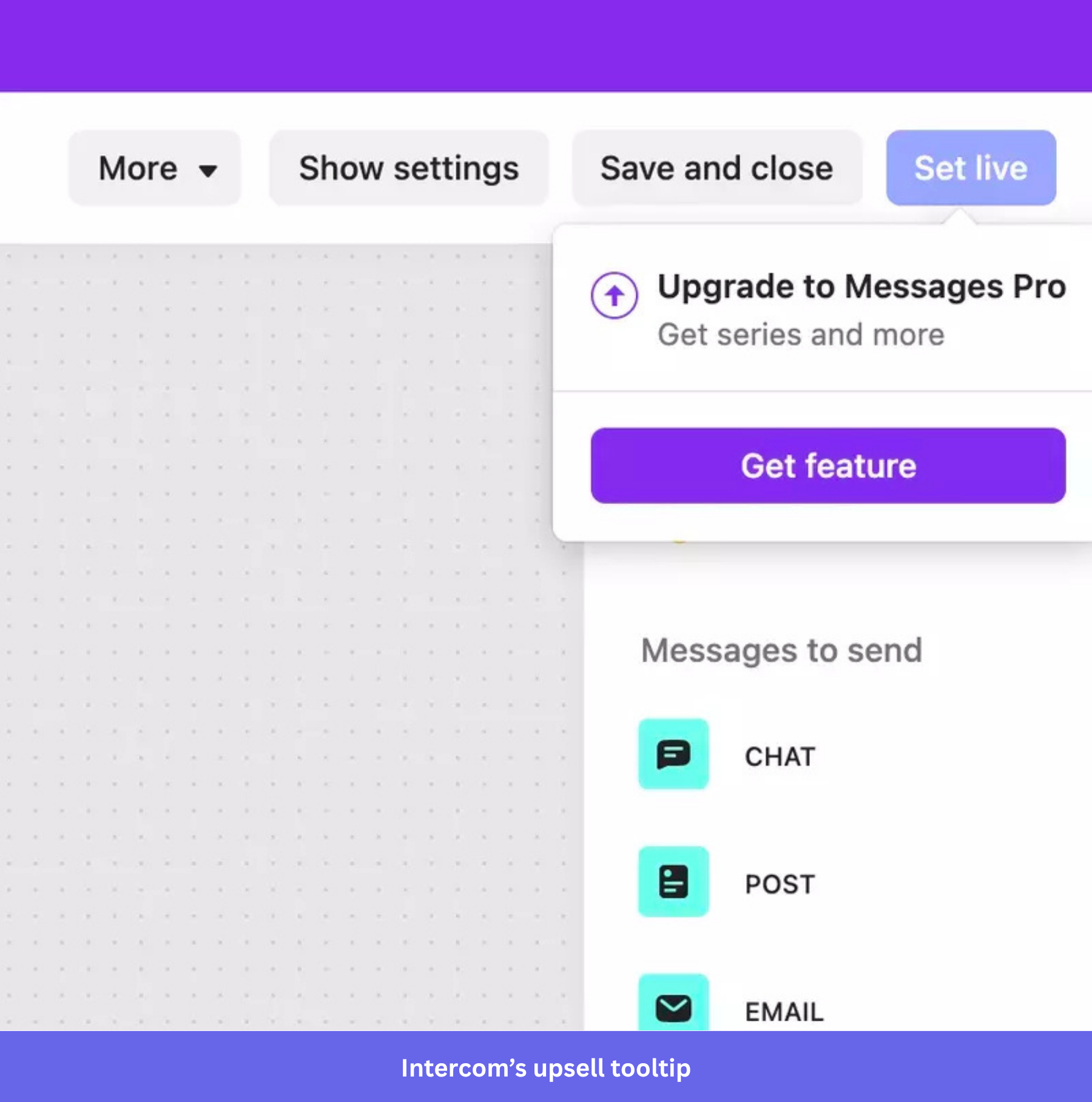 Screenshot for Intercom's upsell tooltip