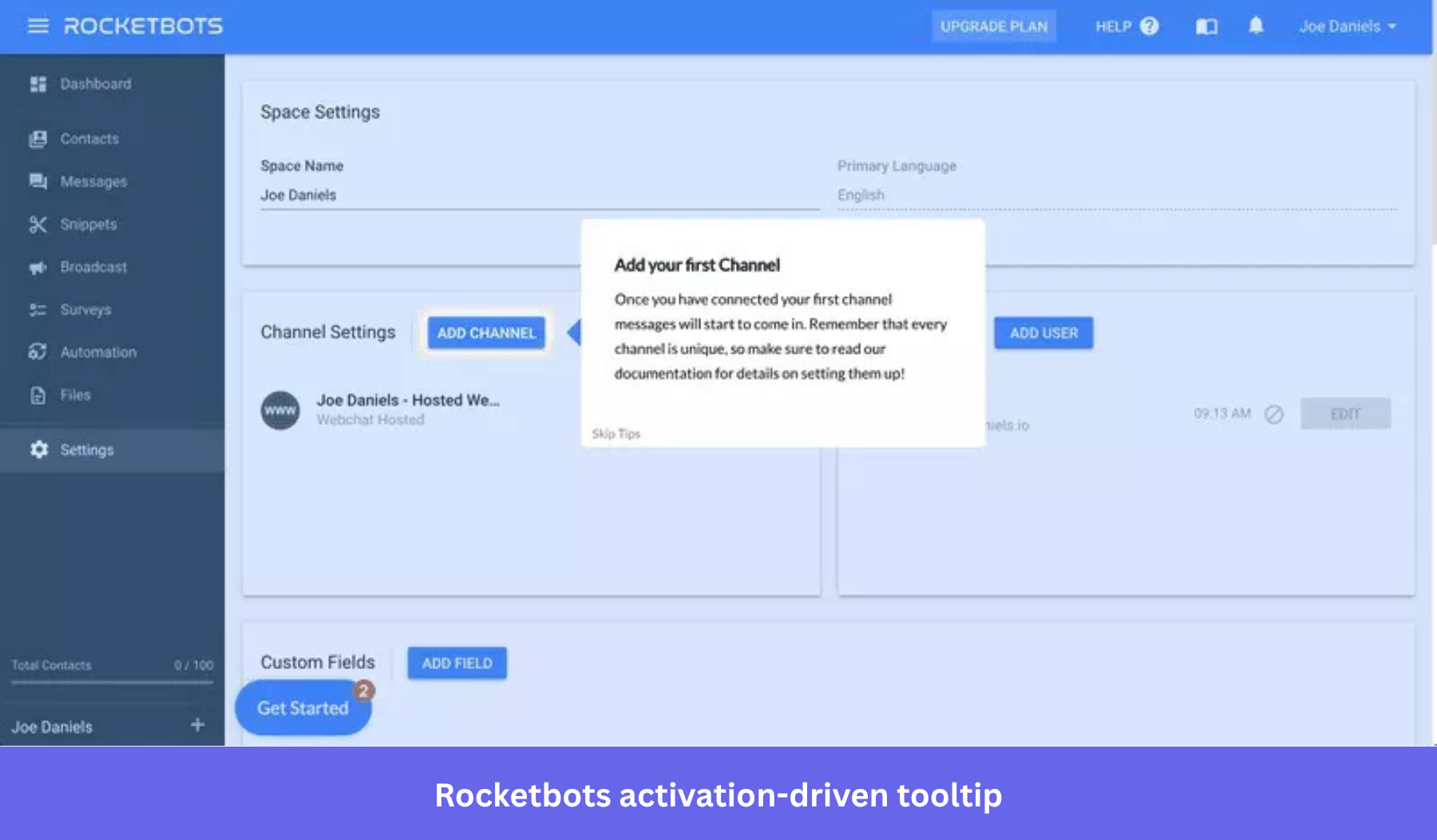 Screenshot showing Rocketbots activation-driven tooltip