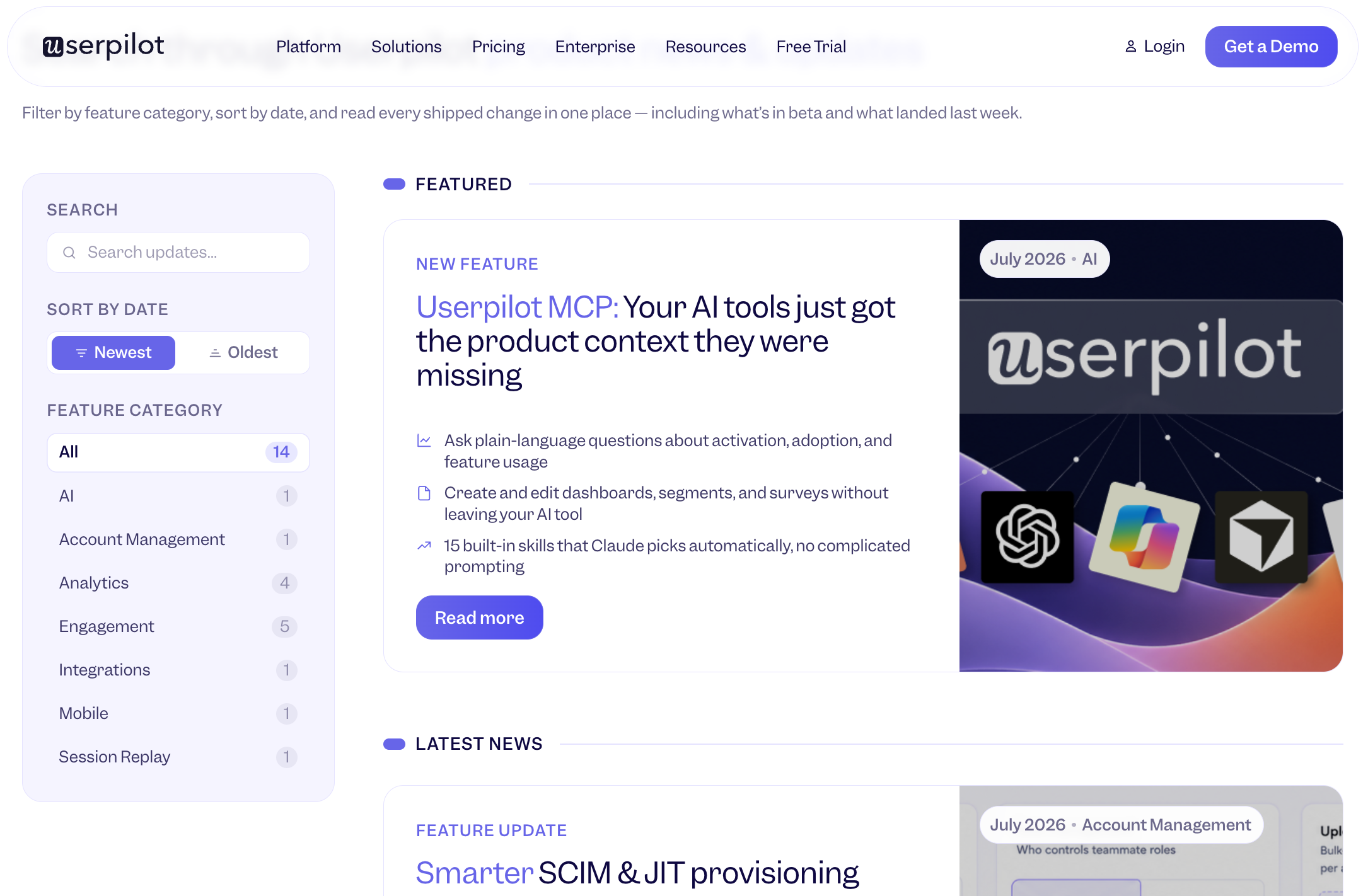 Userpilot's product news page