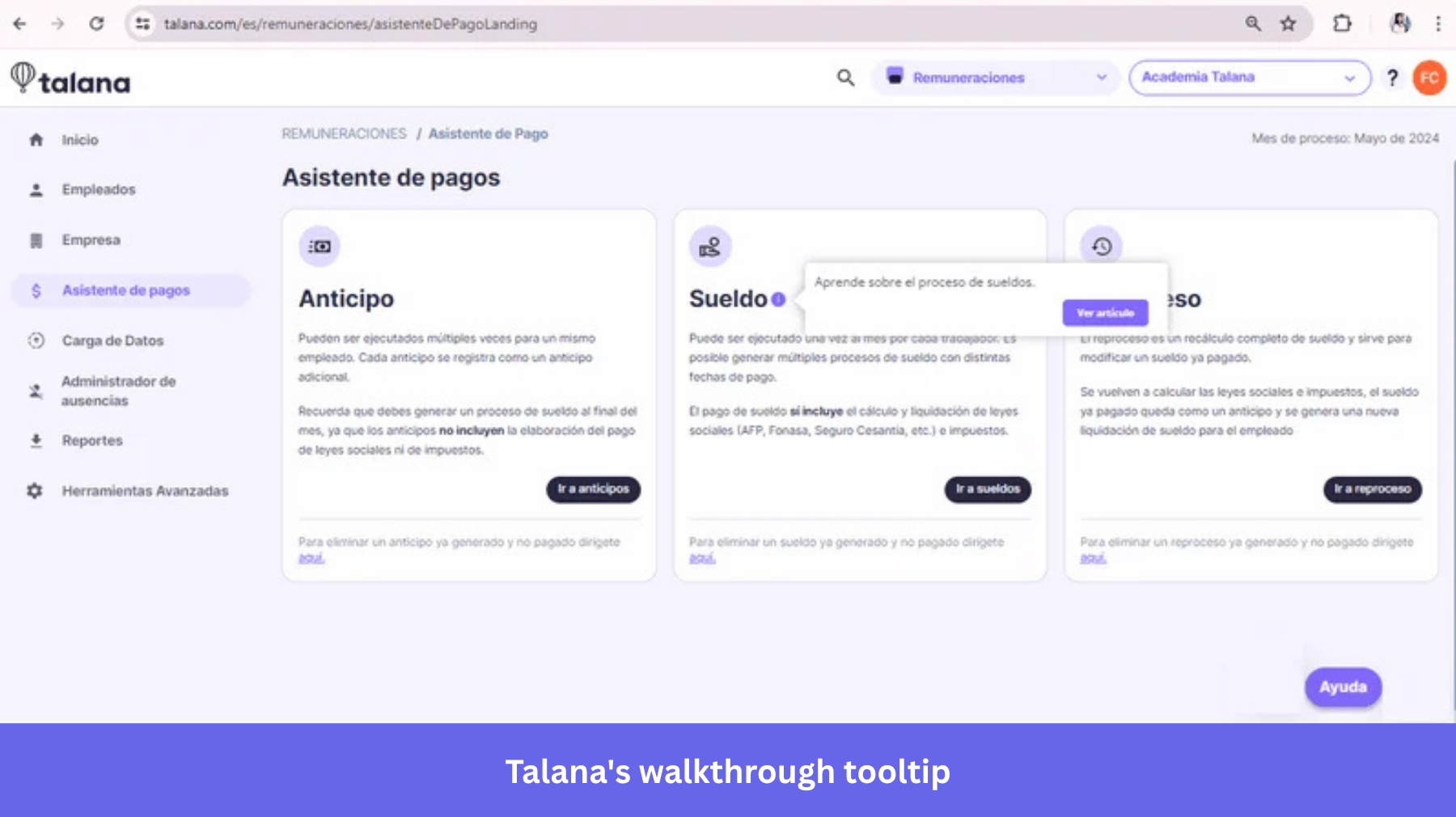 Screenshot showing Talana's walkthrough tooltip