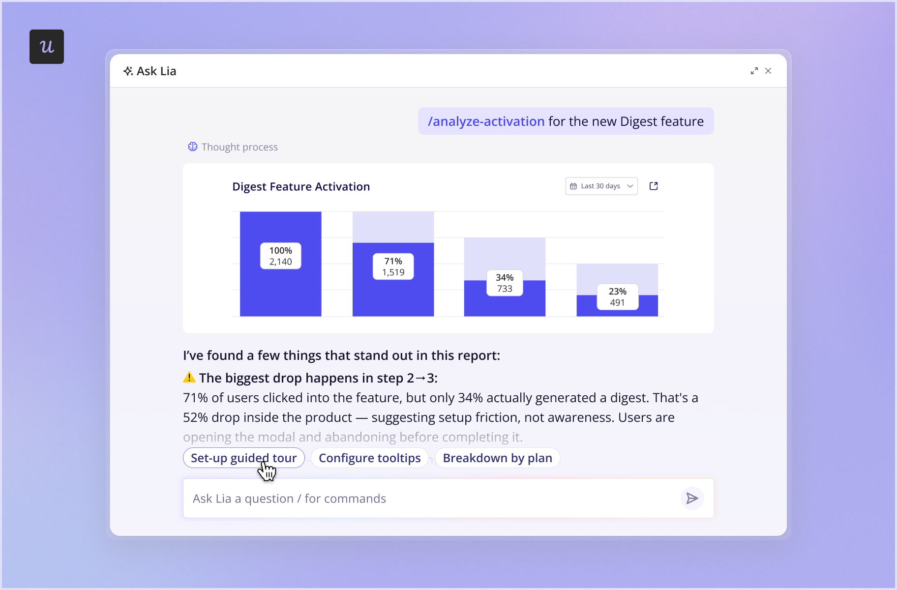 Lia, Userpilot’s artificial intelligence agent, uncovers insight that informs GTM decisions