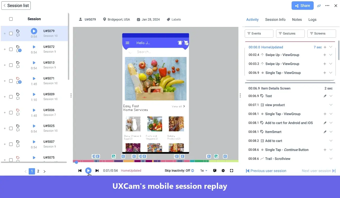 Screenshot of a UXcam session replay player interface