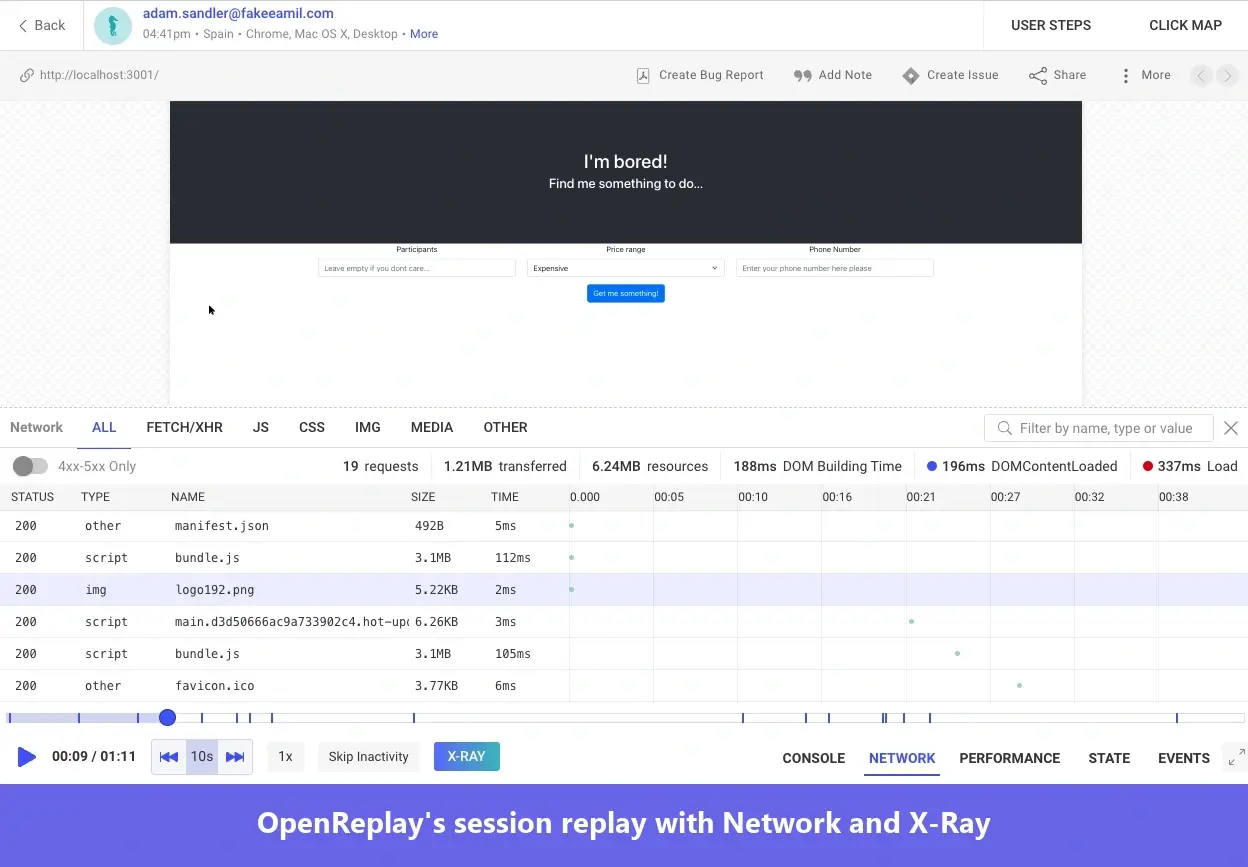 Screenshot of a OpenReplay session replay player interface