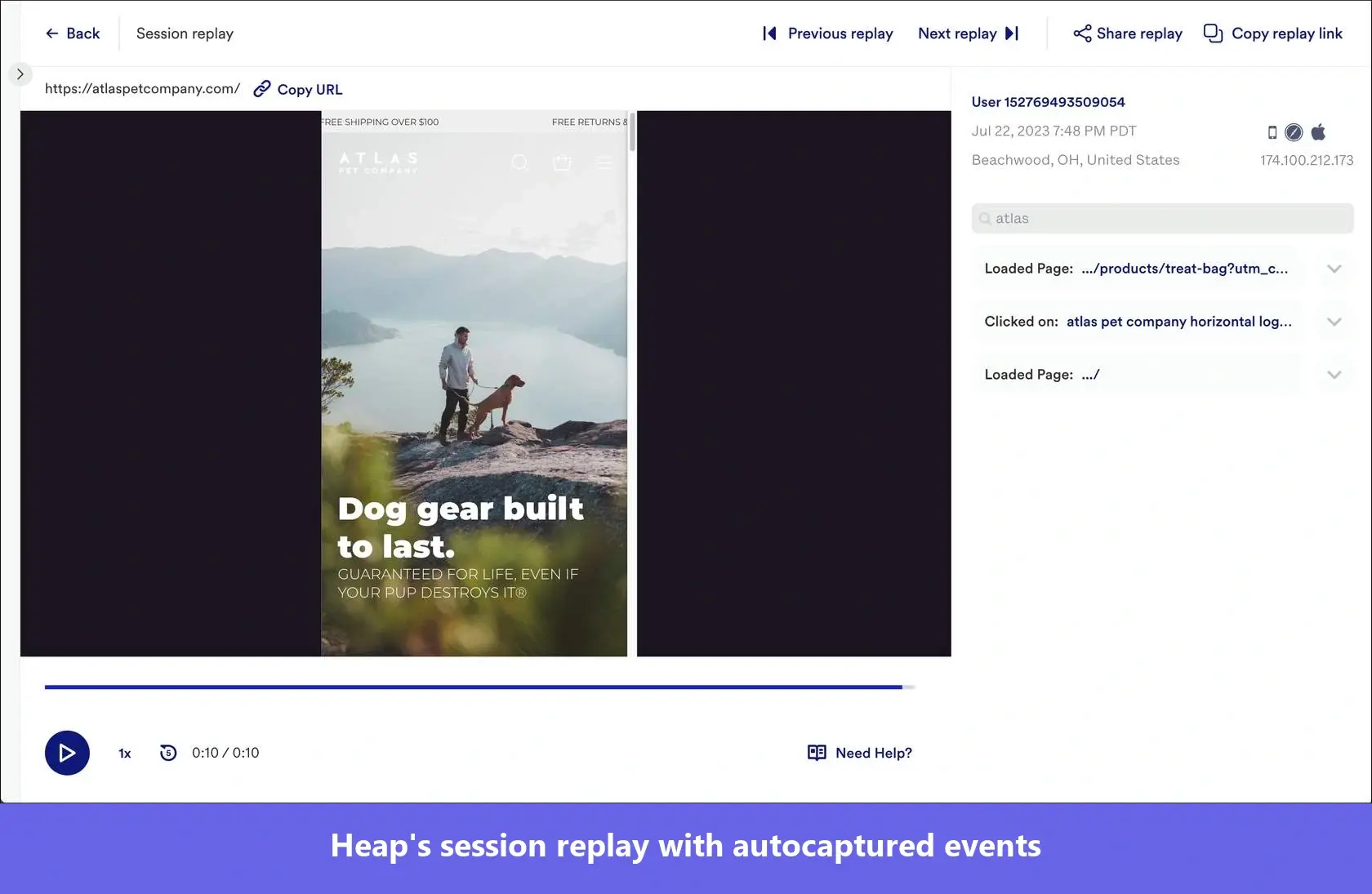 Screenshot of a Heap session replay player interface