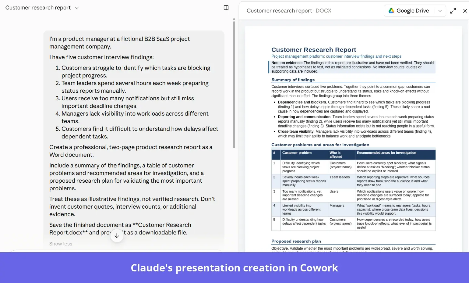 Claude Cowork generating a product research report.