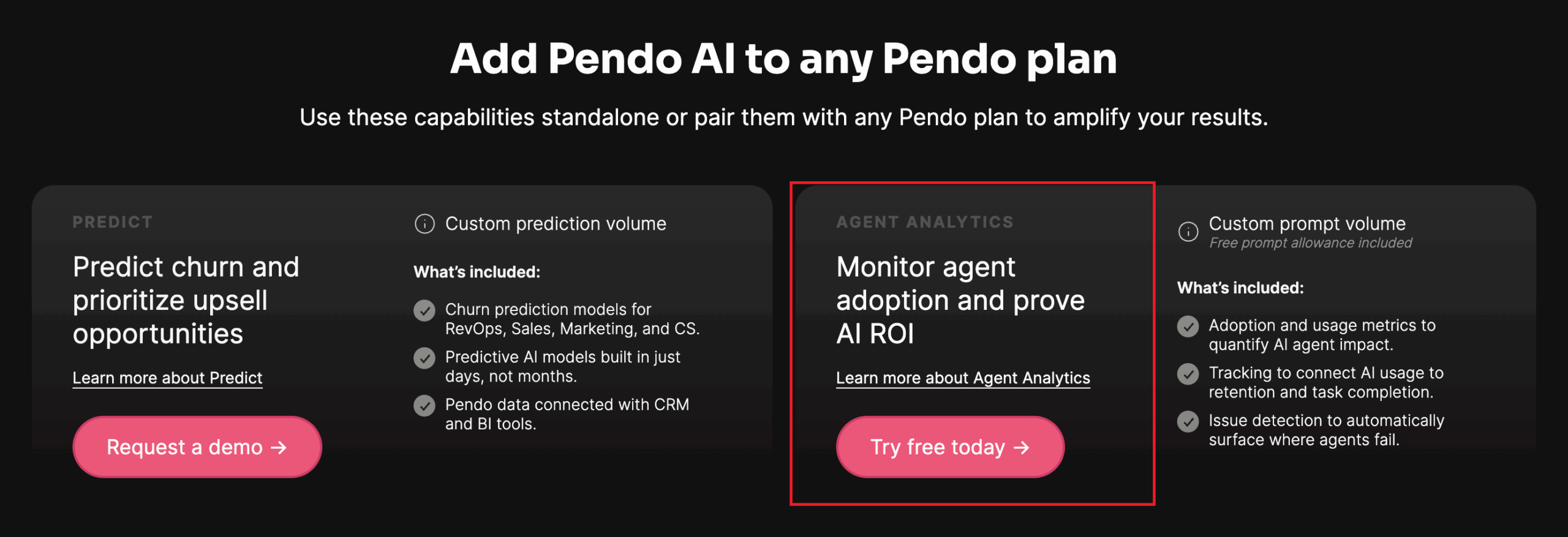 Pricing page showing Pendo analytics as an add-on.