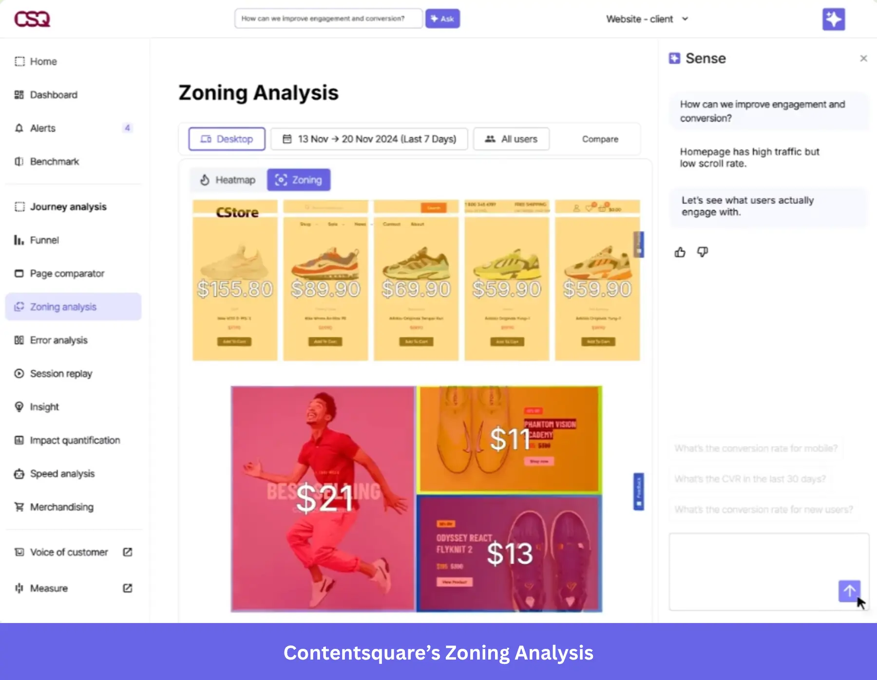 Contentsquare Zoning Analysis showing heatmap zones and engagement insights.