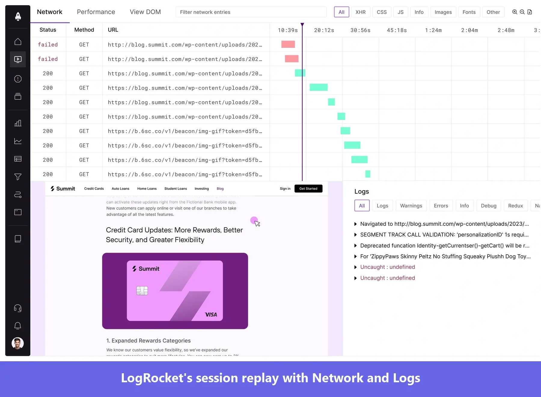 Screenshot of a Logrocket session replay tool interface