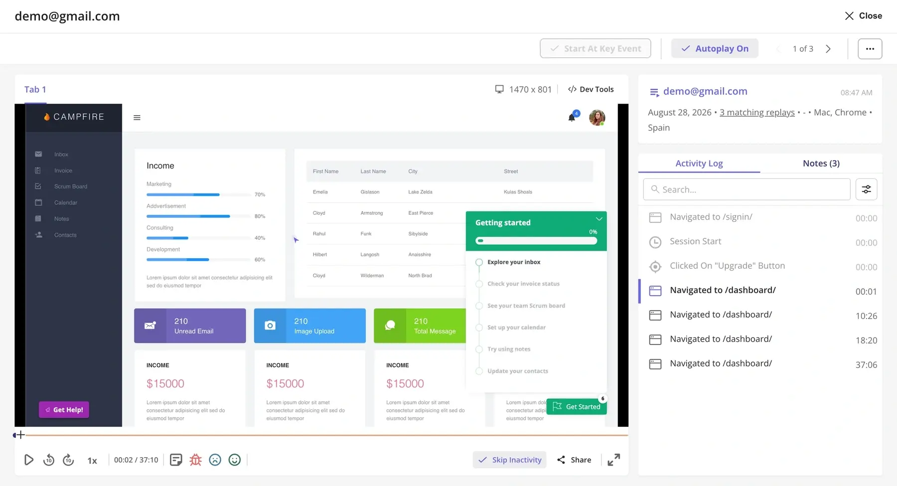 Screenshot of a Userpilot session replay player interface
