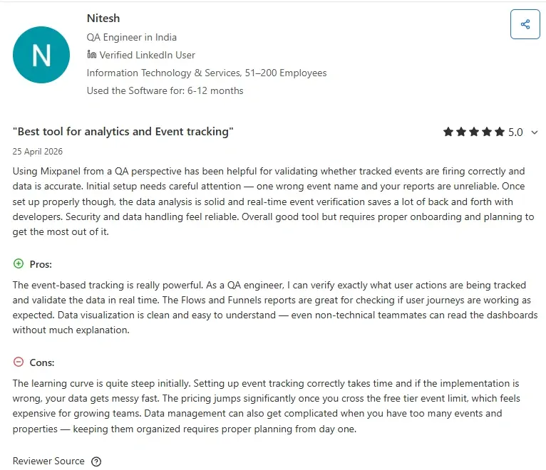 Mixpanel review on Capterra mentioning data management complexity