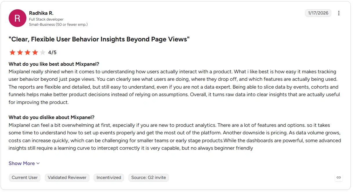 Mixpanel review on G2 mentioning its high cost and advanced analytics feature gating