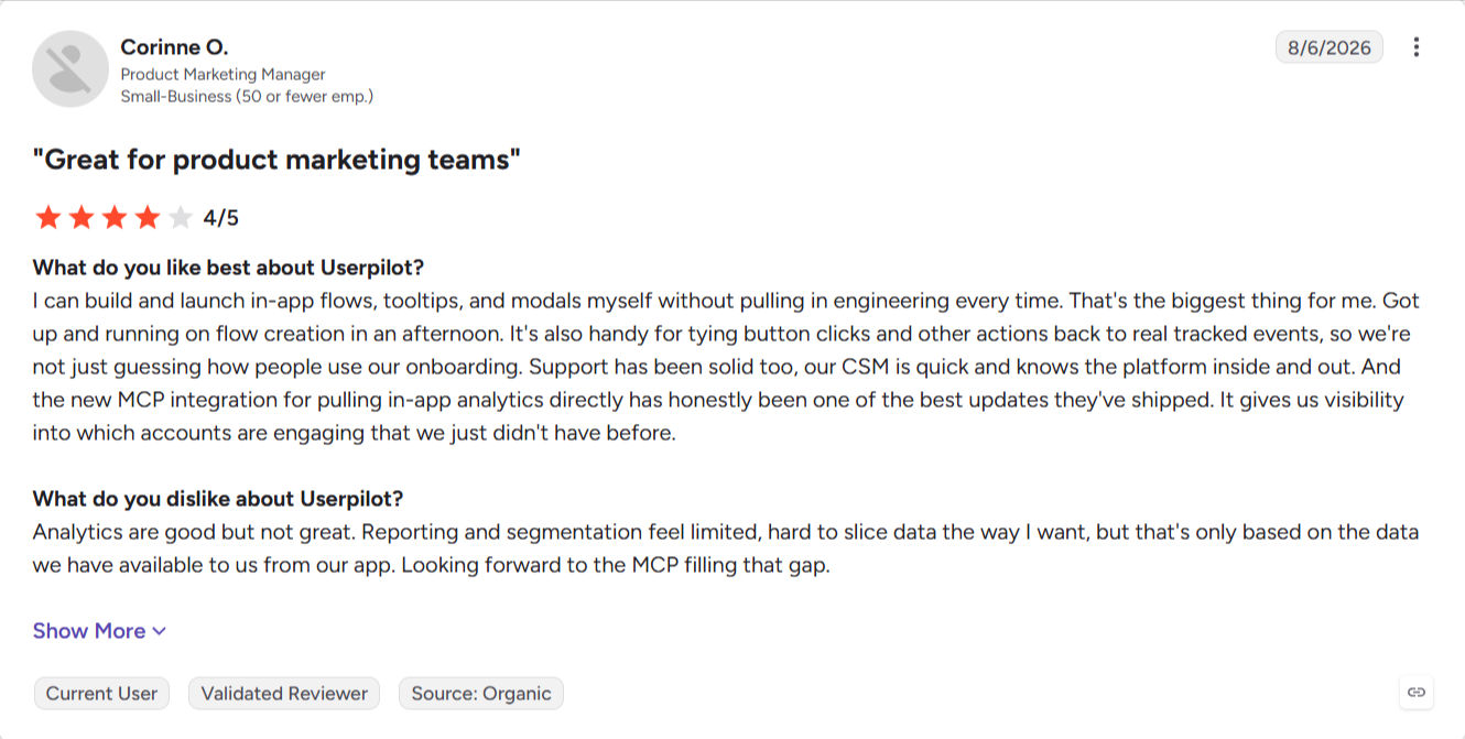 G2 review on analyzing data with Userpilot.