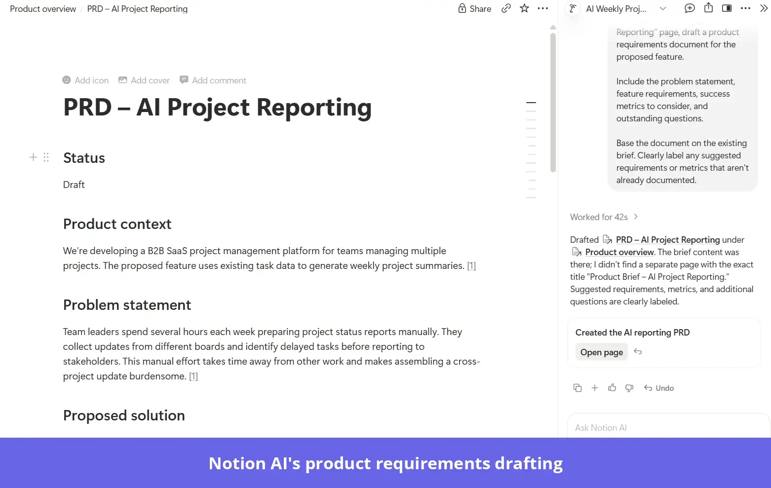 Notion AI drafting product requirements from an existing brief.