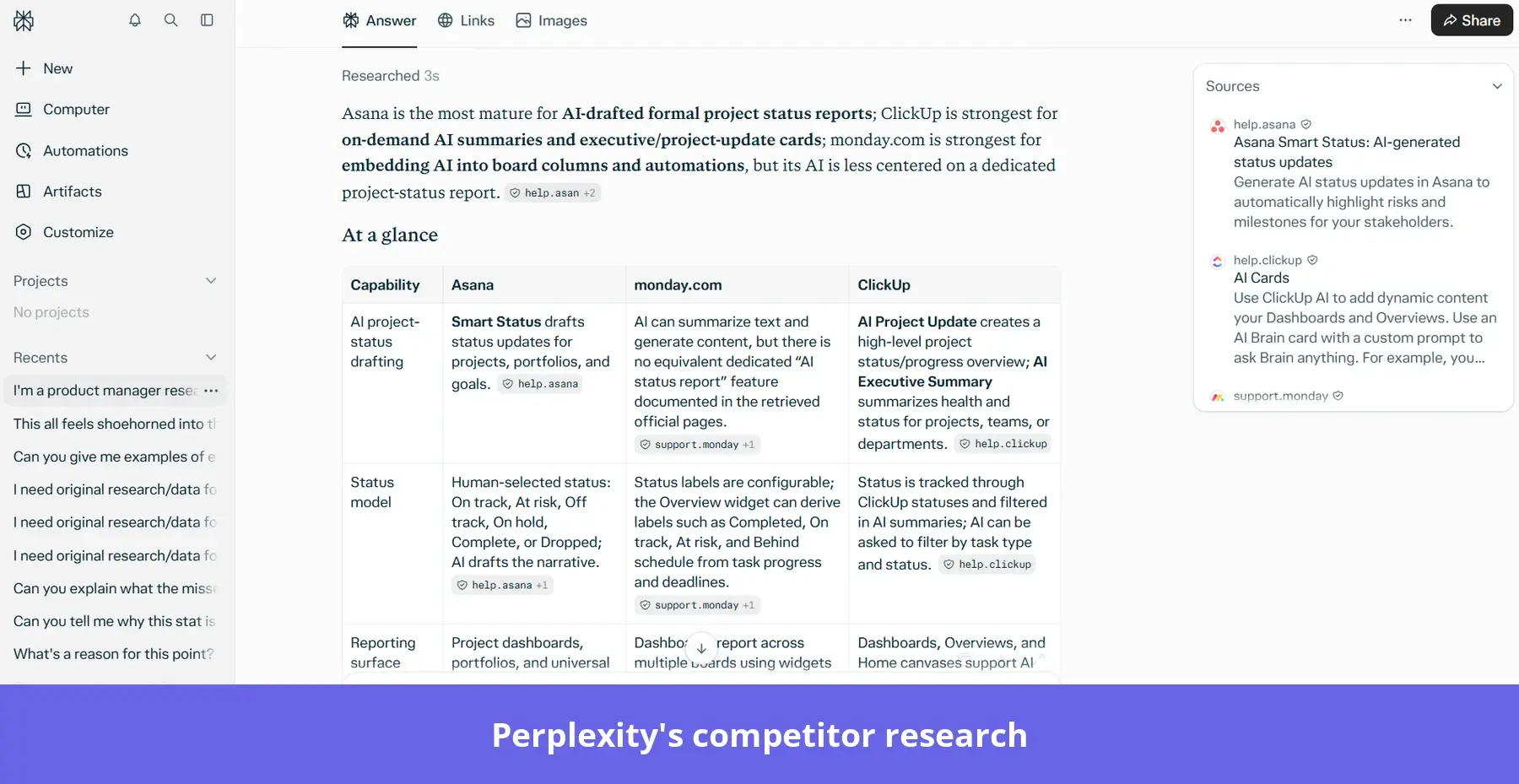 Perplexity comparing AI project management features with cited sources.