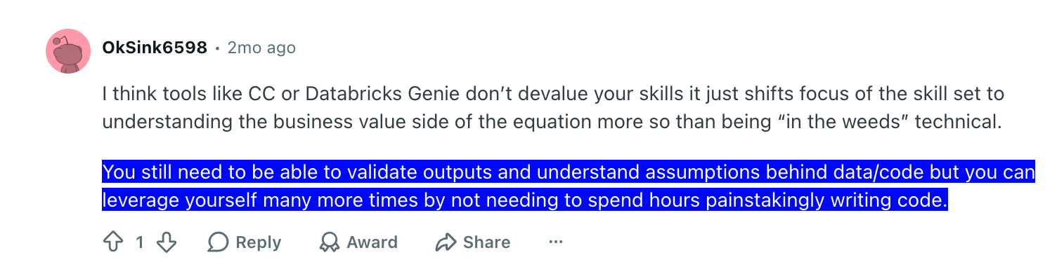 Reddit user explains the importance of validating AI-generated data and code while using AI to save hours of manual coding