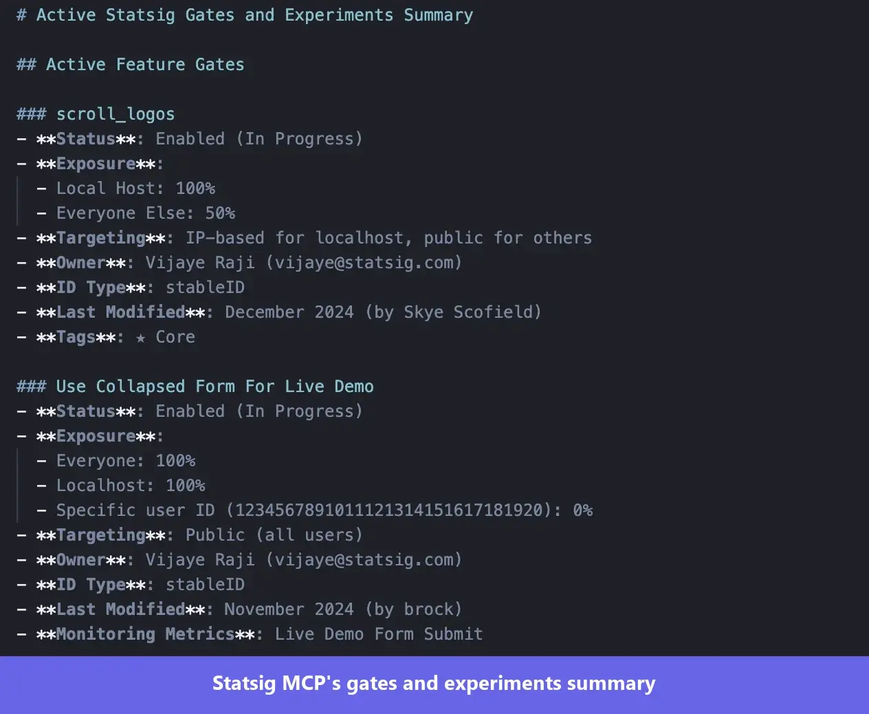 Statsig MCP's gates and experiments summary