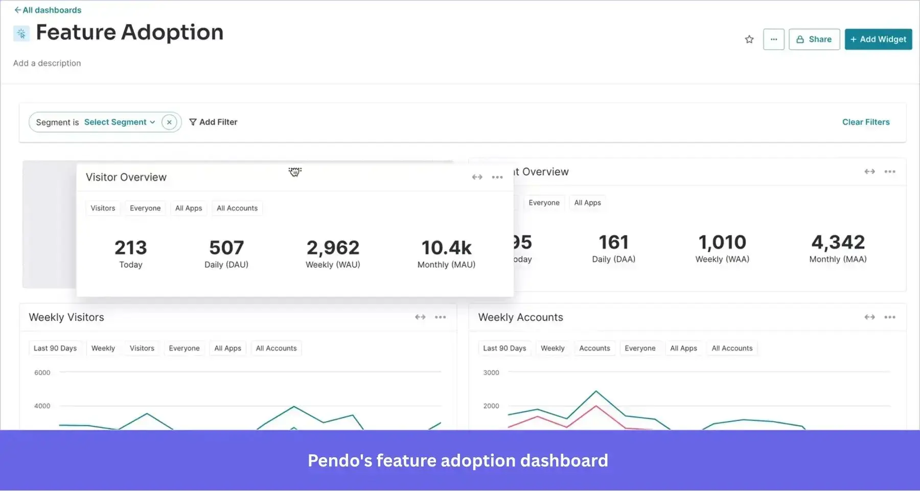 Pendo feature adoption dashboard showing visitor and account usage metrics.