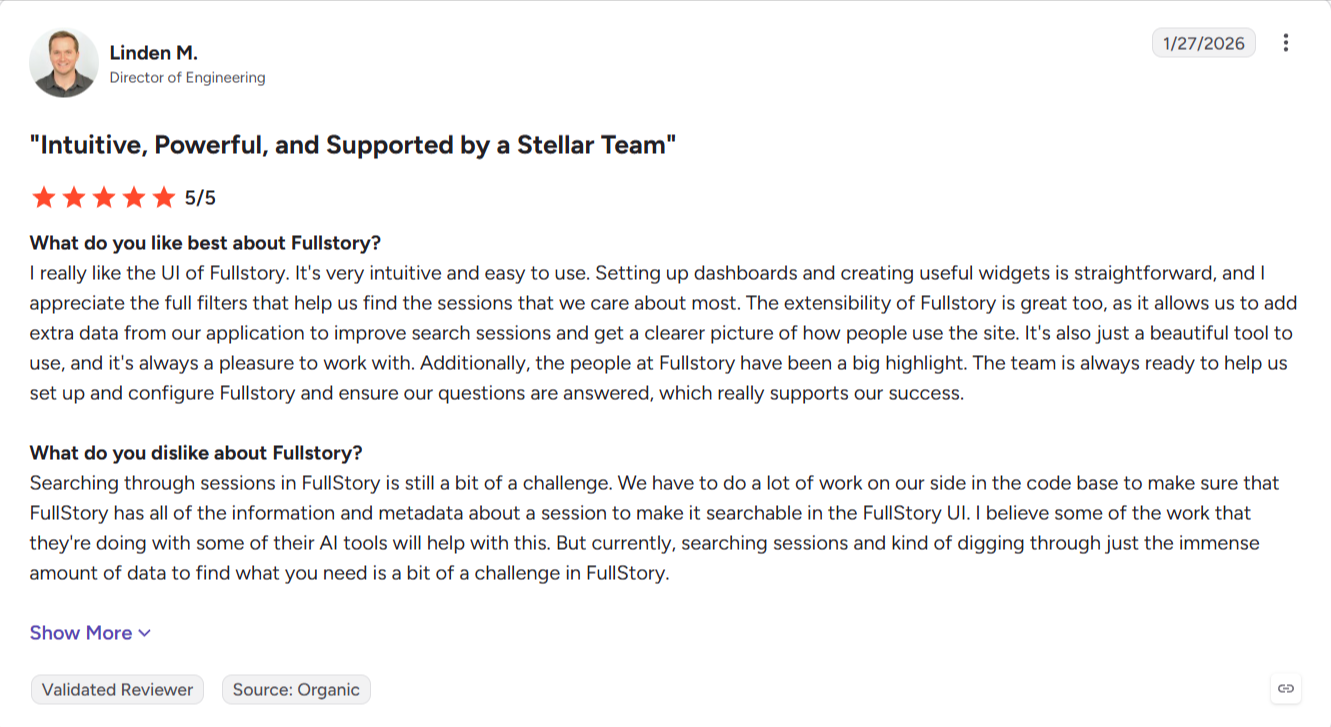 G2 review of Fullstory with large data volumes.