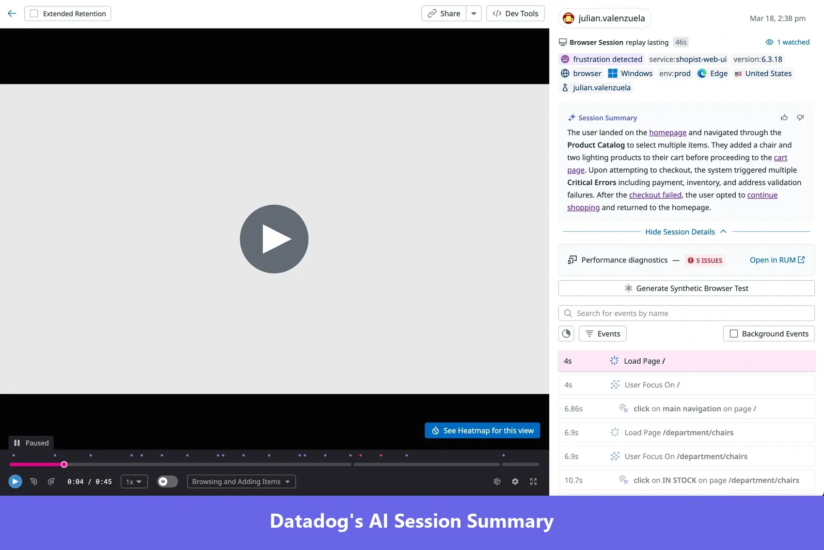 Screenshot of a Datadog session replay player interface