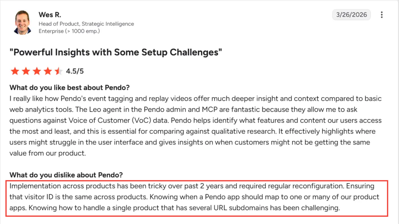 G2 review about Pendo's complexity.