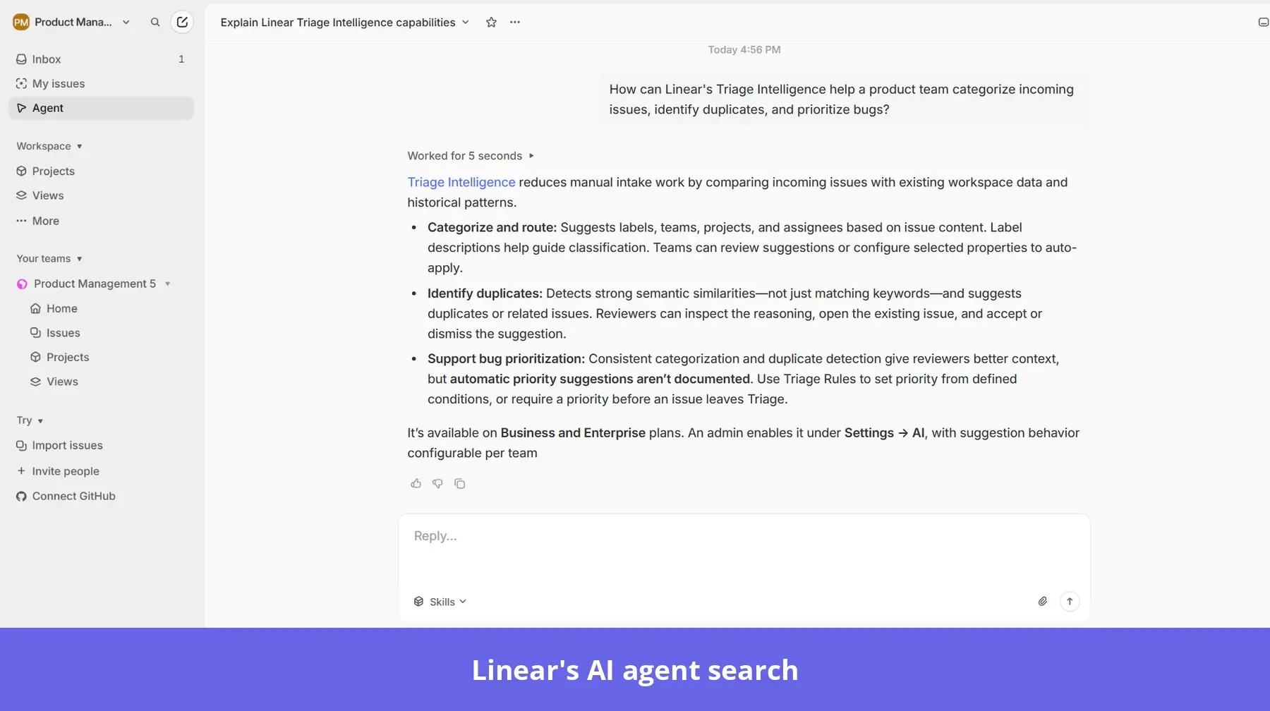 Linear's AI agent explaining product development workflows.