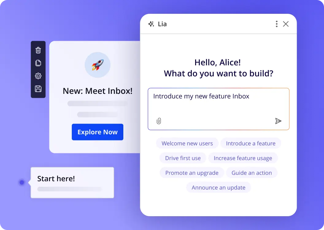 Chat interface of Lia, Userpilot's AI agent, with options to build solutions that would welcome new users, introduce a feature, guide an action, and more