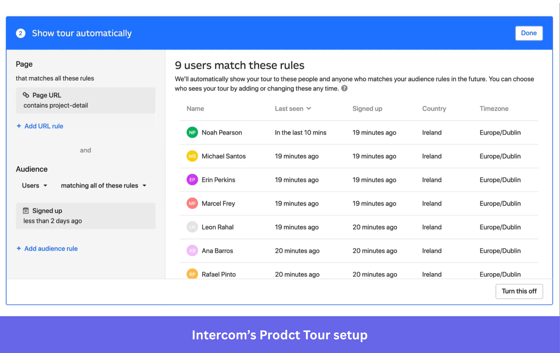Intercom's product tour setup.