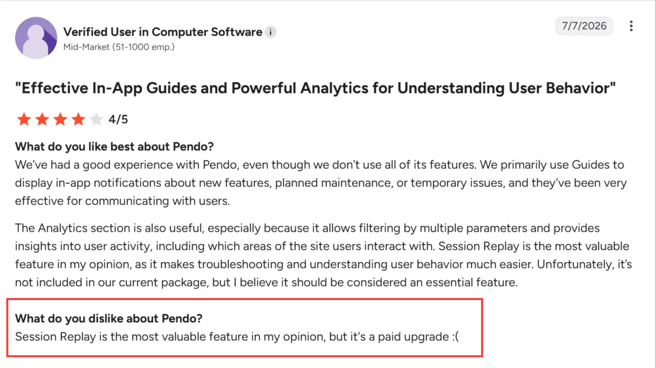 G2 review showing Pendo's session replay is a paid add-on.