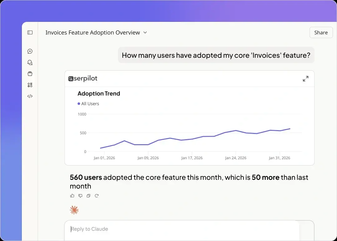 Userpilot MCP in Claude, answering “How many users have adopted my core ‘Invoices’ feature?” with an adoption trend chart