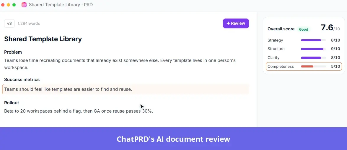 ChatPRD scoring a PRD and highlighting missing success metrics and incomplete requirements.