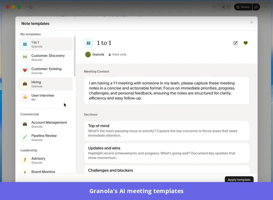 Granola's meeting template library showing structured notes for a one-to-one meeting.