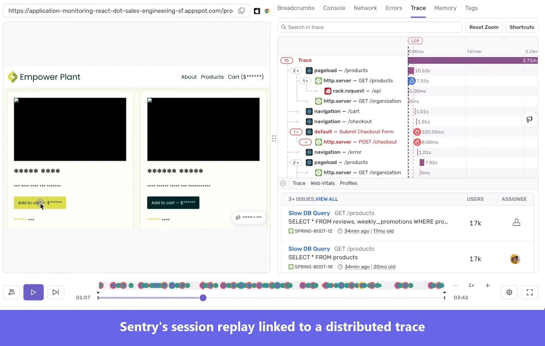 Screenshot of a Sentry session replay player interface