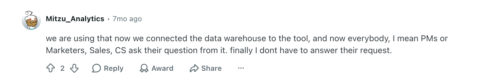 Reddit user shares their experience connecting AI to analytics tools, allowing PMs, marketers, and sales teams to get answers without waiting on them