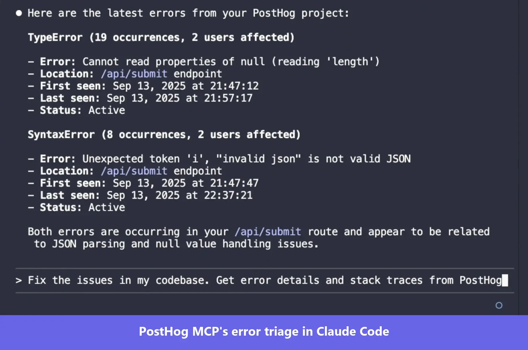 An agent listing the latest errors from a PostHog project. Source: PostHog