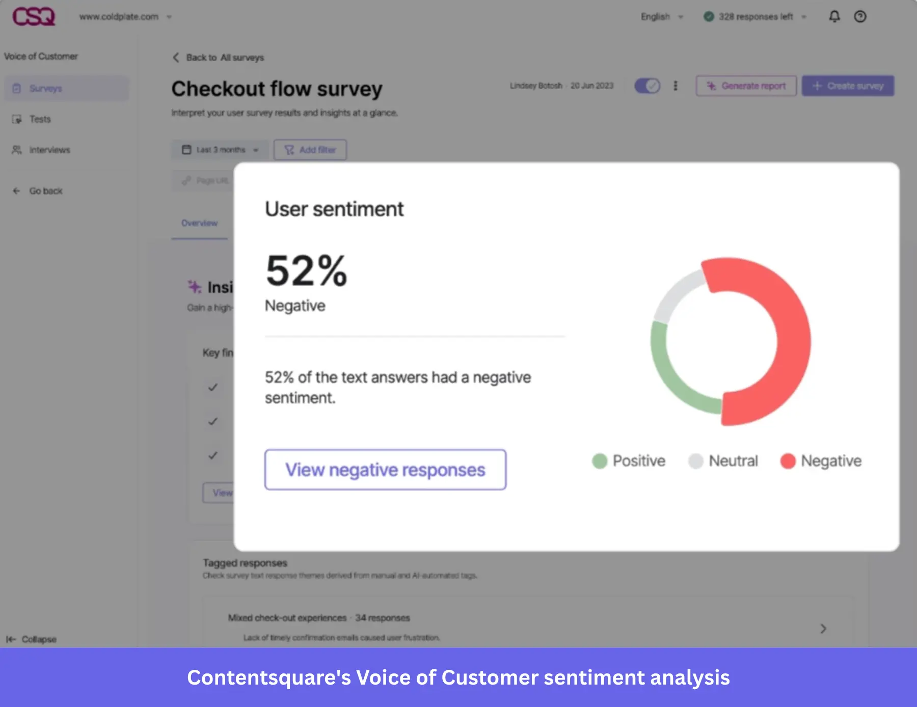 Contentsquare Voice of Customer sentiment analysis showing 52% negative feedback.