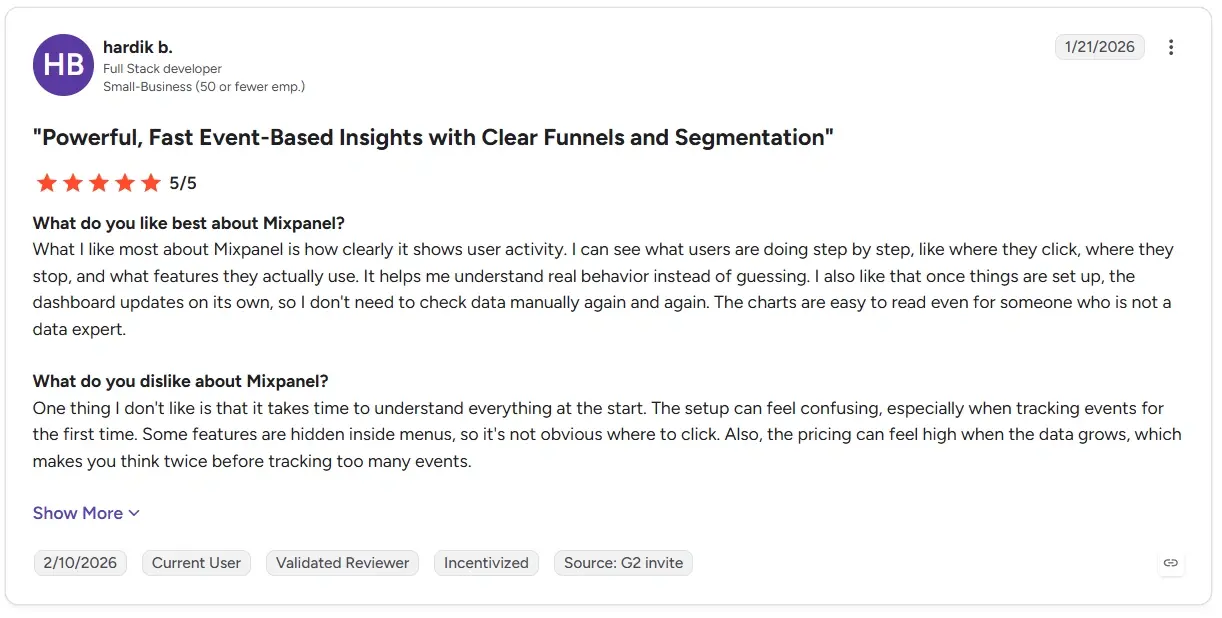 Mixpanel review on G2 mentioning its steep learning curve and unintuitive UI