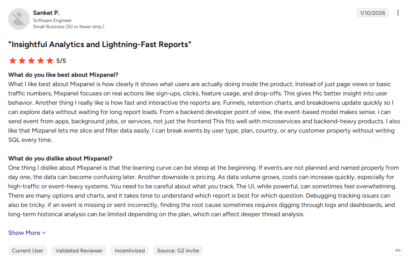 G2 review on Mixpanel data analytics and self-service tools.