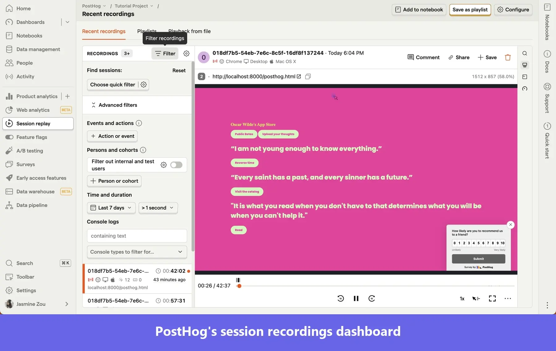 Screenshot of a Posthog session replay player interface