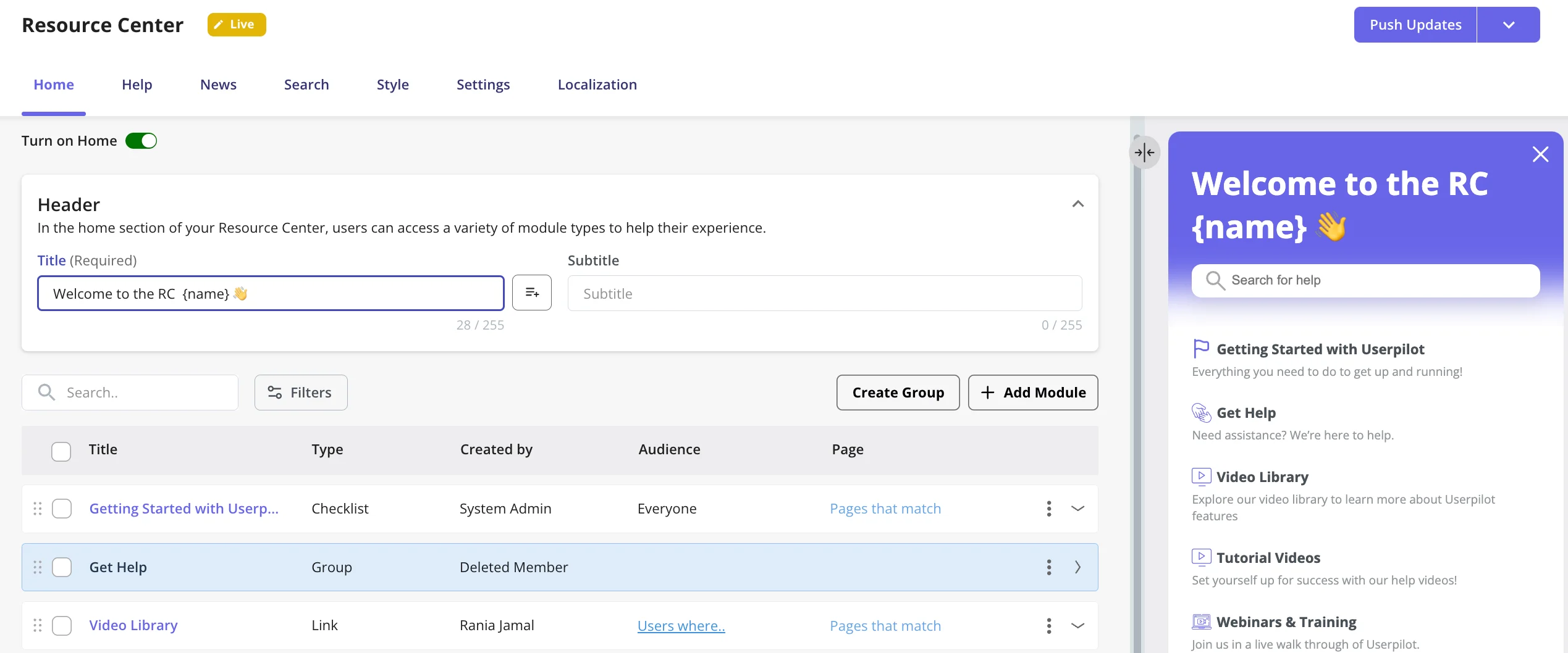 Customizing a resource center in Userpilot.